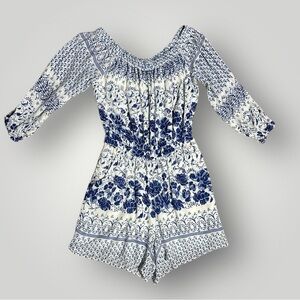 Anthropologie White and Blue Floral Off-Shoulder Romper
